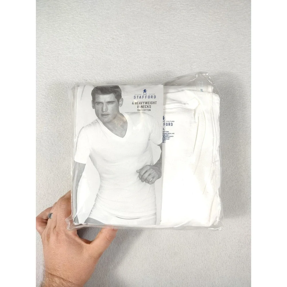 Stafford Heavyweight‎ V-Neck Undershirts Mens XL White 4 Pack Cotton